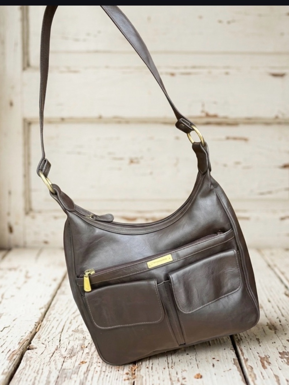 Classic Dark Brown Shoulder Bag with Front Pockets
